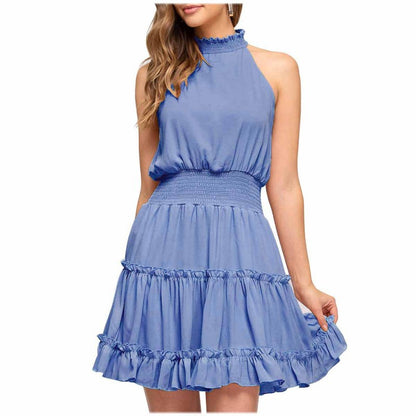 Women Fashion Casual Solid Color Neck Sleeveless Ruffled Dress
