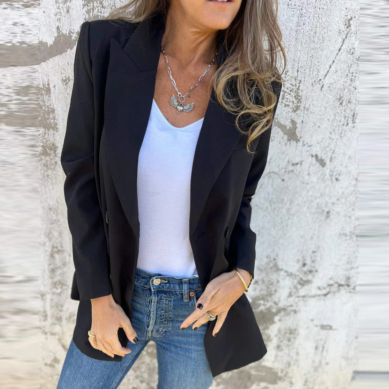 Chaqueta blazer informal de manga larga con solapa de color liso a la moda para mujer