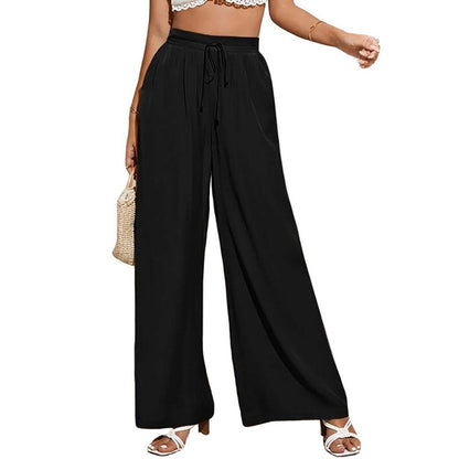 Women High Waist Casual Trousers Solid Color Elastic Waist Tie Loose Wide Leg Pants