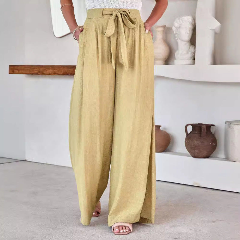 Pantalones anchos de encaje de cintura alta de color sólido casuales de moda de verano para mujer
