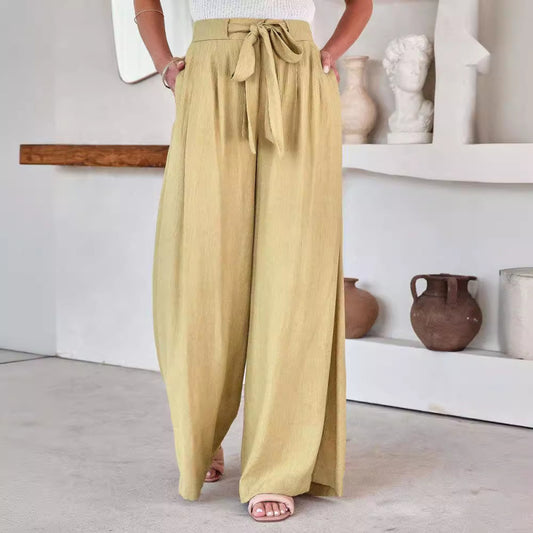 Pantalones anchos de encaje de cintura alta de color sólido casuales de moda de verano para mujer