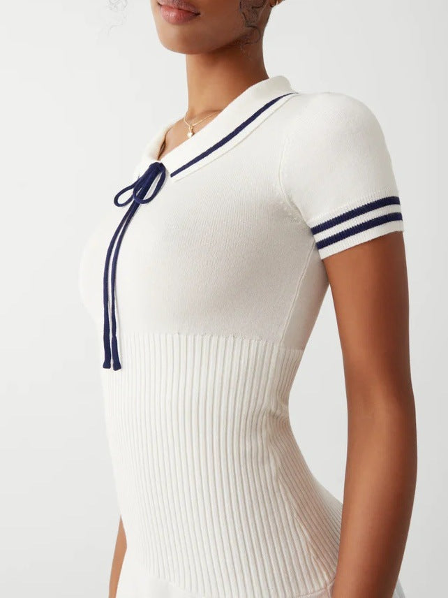 Vestido de verano para mujer, estilo universitario, informal, de manga corta, tejido a rayas, con cuello polo