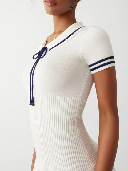 Vestido de verano para mujer, estilo universitario, informal, de manga corta, tejido a rayas, con cuello polo
