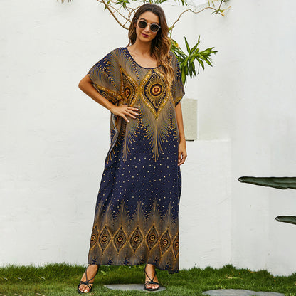 Vestido largo holgado con mangas murciélago y estampado informal a la moda para mujer
