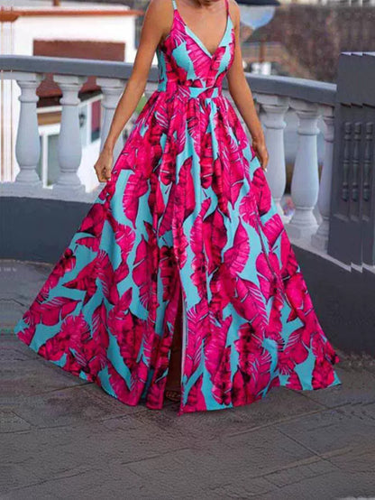 Women Fashion Casual Floral Printed V-Neck Sleeveless Split Dress