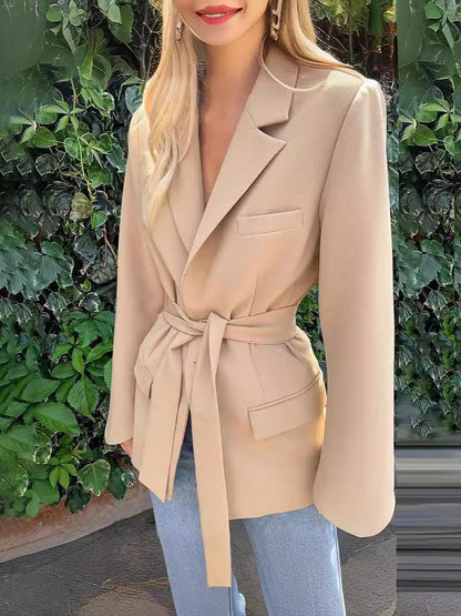 Blazer informal de manga larga con solapa y cordones para mujer, color liso, a la moda
