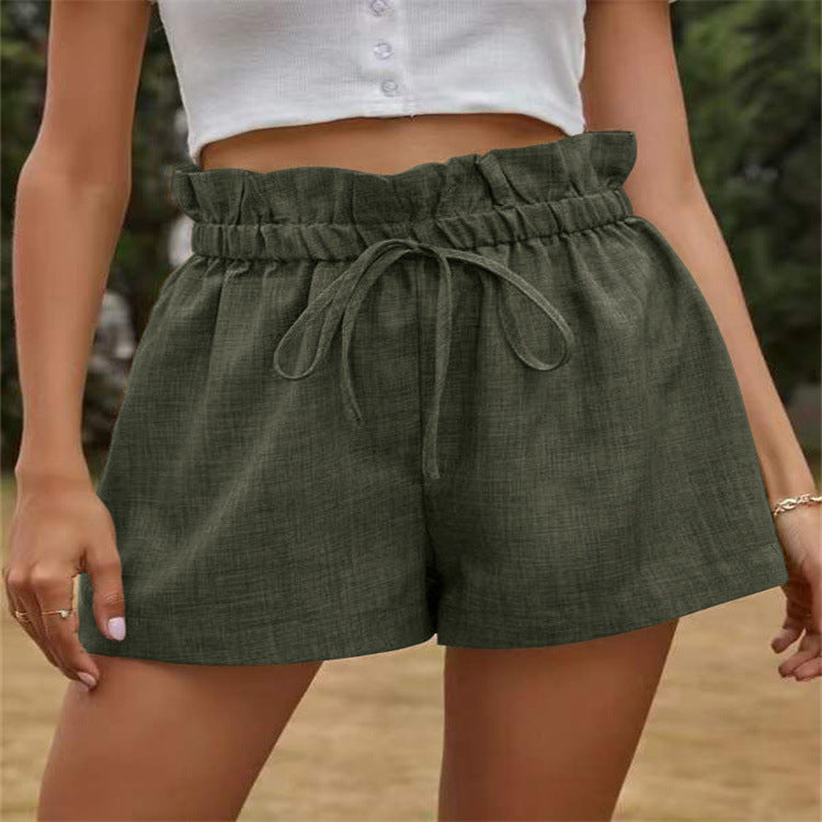 Summer Women Casual Solid Color High Waist Lace-Up Loose Shorts