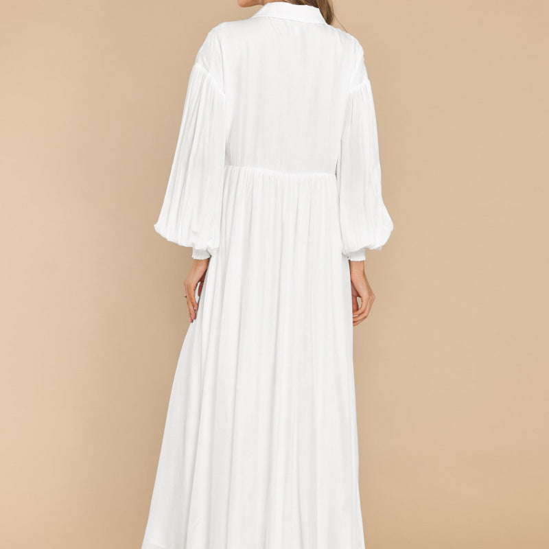 Women Fashion Casual Solid Color Creased Long Sleeve Maxi Dress