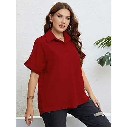 Casual Plus Size Women Solid Color Summer Polo Collar Chiffon Shirt Lapel Short Sleeve Blouse