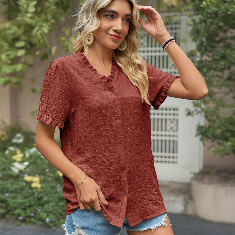 Blusa informal de verano para mujer, de gasa, con cuello en V, floral, de manga corta y color liso