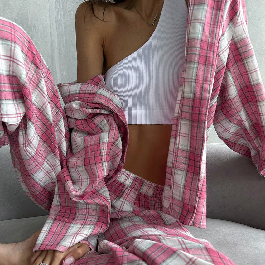 Conjunto de pijama informal de manga larga con solapa y pantalones holgados a cuadros rojos para mujer
