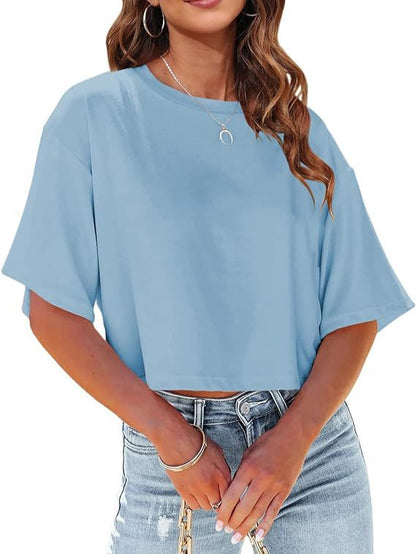 Camiseta básica informal de media manga con estampado de color liso para mujer