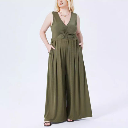 Pantalones casuales de talla grande para mujer, de color liso, holgados y con cintura elástica