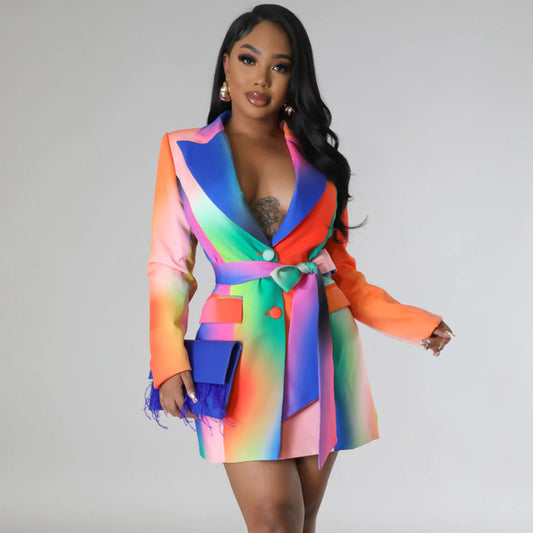 Chaqueta de manga larga con cordones y estampado multicolor informal para mujer