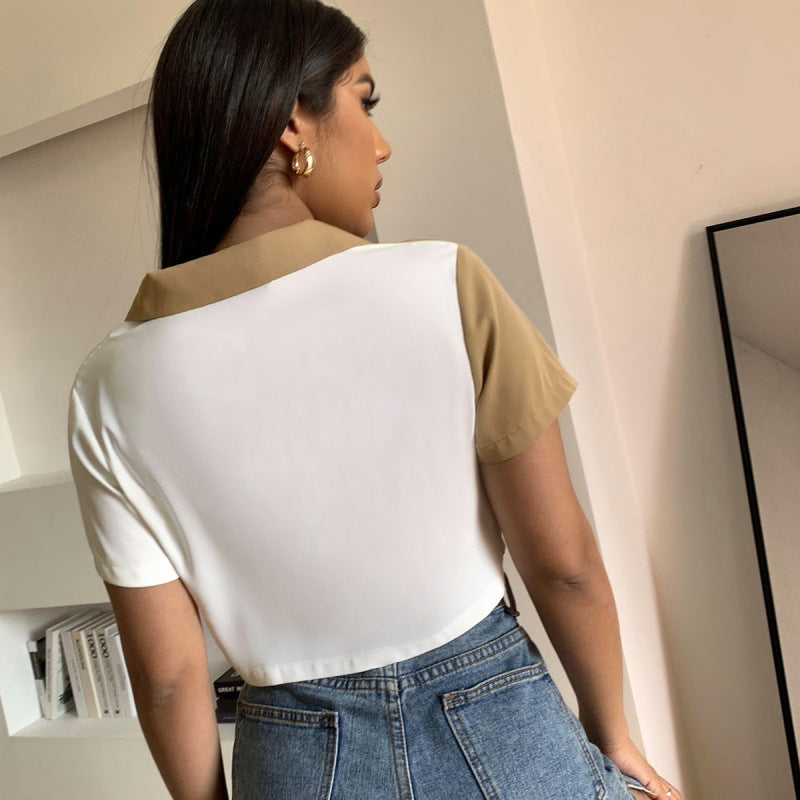 Blusa corta informal elegante de manga corta con bolsillos y bloques de color para mujer