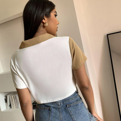 Blusa corta informal elegante de manga corta con bolsillos y bloques de color para mujer