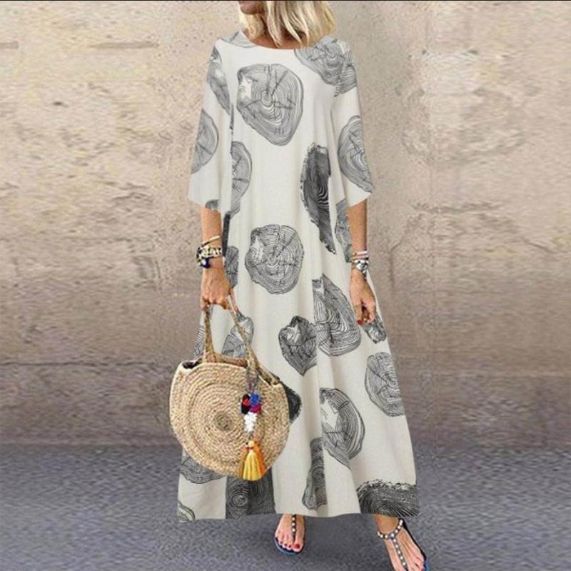 Women Casual Vintage Half Sleeve Round Neck Loose Maxi Dress