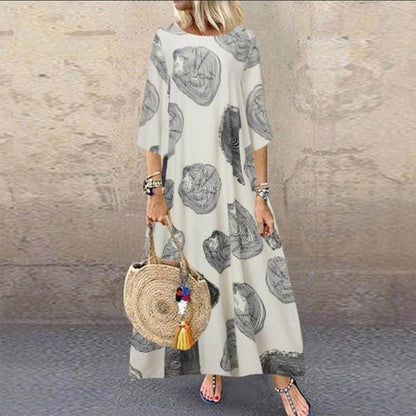 Women Casual Vintage Half Sleeve Round Neck Loose Maxi Dress