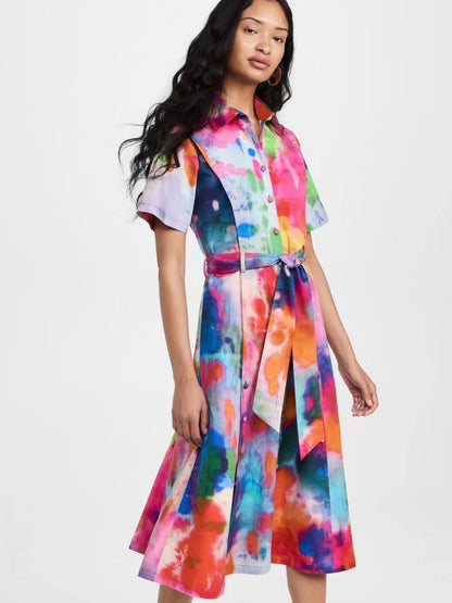 Women Fashion Casual Printed Lapel Short Sleeve Single-Breasted Belt Dress