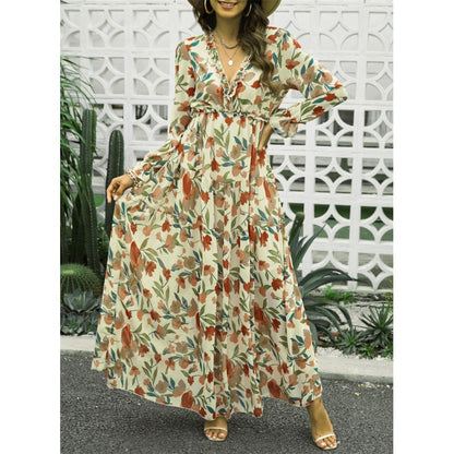 Women Ruffled Layered Long-Sleeve Tiny Flower Pullover V-Neck Casual Maxi Dress