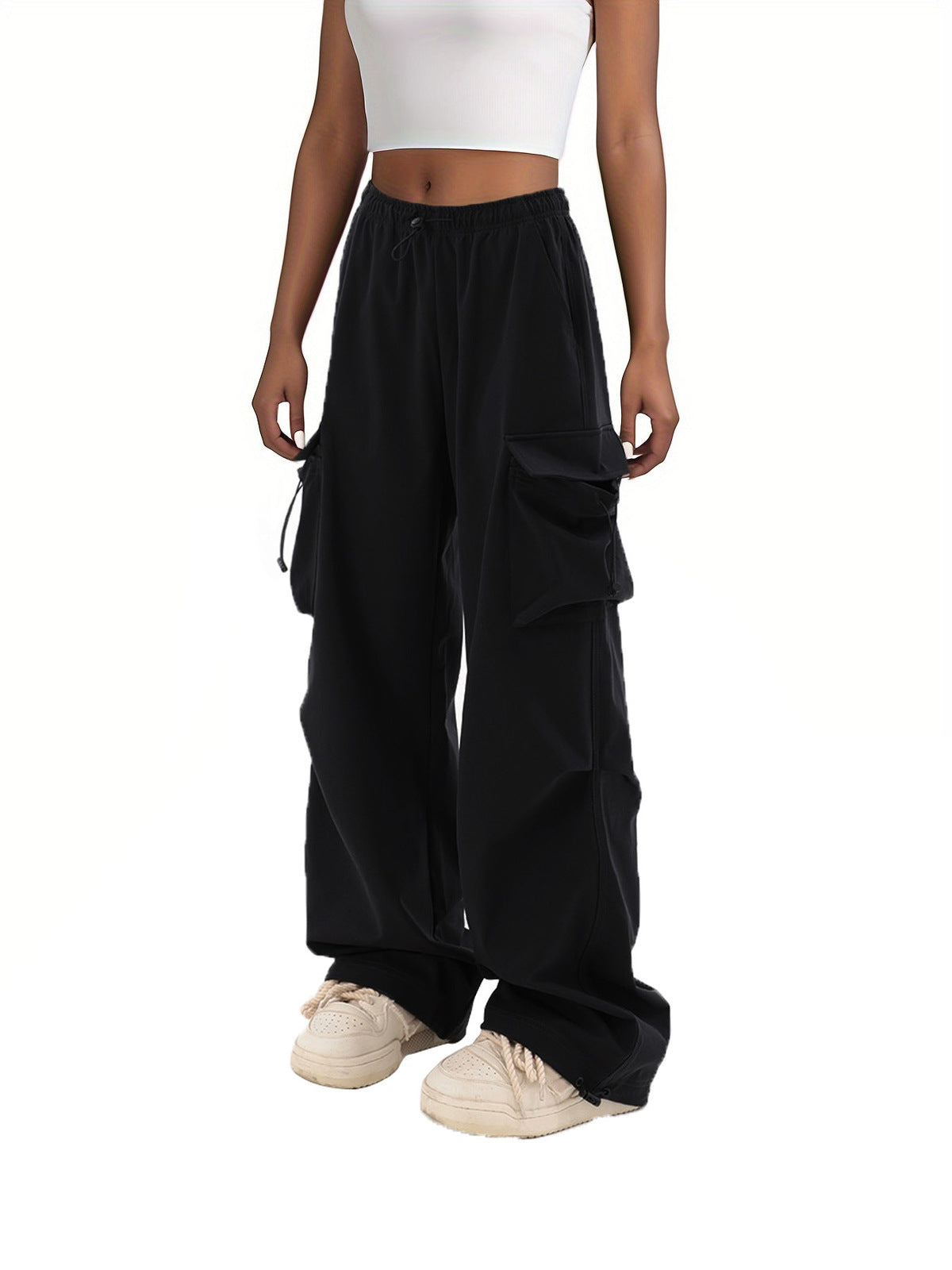 Women Fashion Casual Solid Color Pocket Drawstring Pants