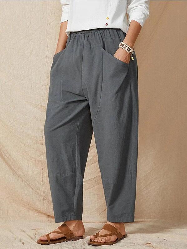 Women Solid Color Casual Stitching Loose Harem Elastic Waist Pants