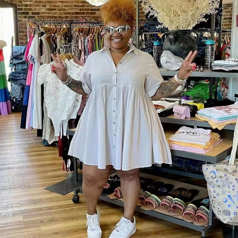 Women Casual Basic Solid Color Single-breasted Short Sleeves Plus Size Ruffled Dress
