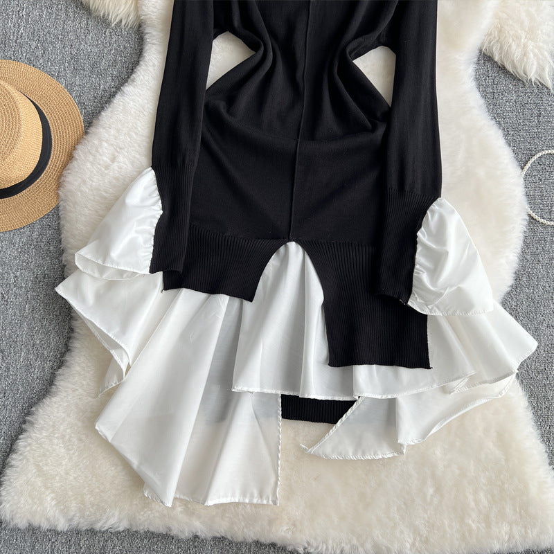 Women Fashion Casual Irregular Stitching Long-Sleeve Knitted Dress