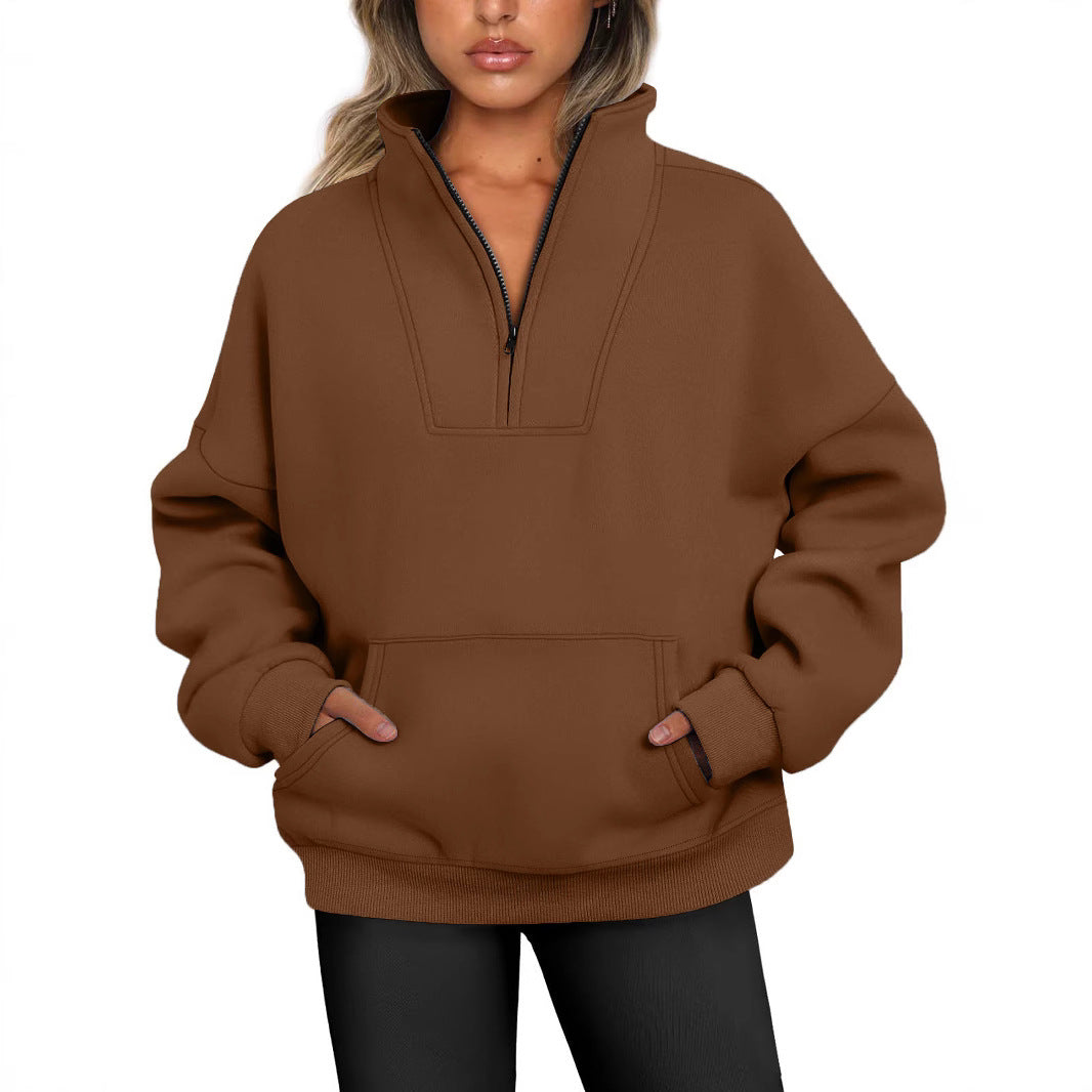 Women Casual Loose Solid Color Pocket Zipper Sweatshirt