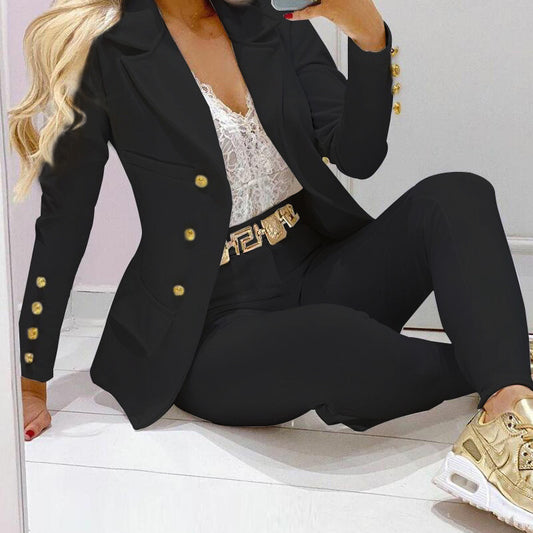 Conjunto de dos piezas de blazer y leggings de color liso con botonadura sencilla e informal para mujer