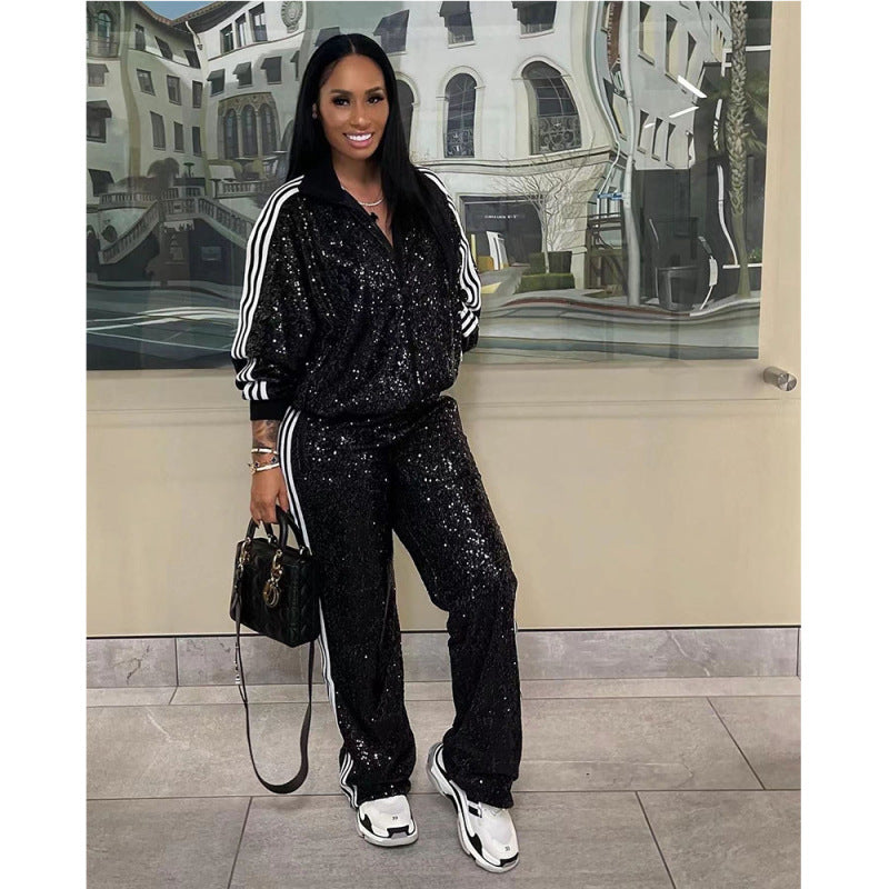 Conjunto de dos piezas de top y pantalón de manga larga con lentejuelas para mujer