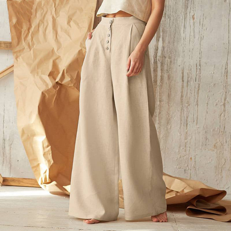 Women Solid Color Casual High Waist Buttoned Cotton Linen Wide Leg Pants