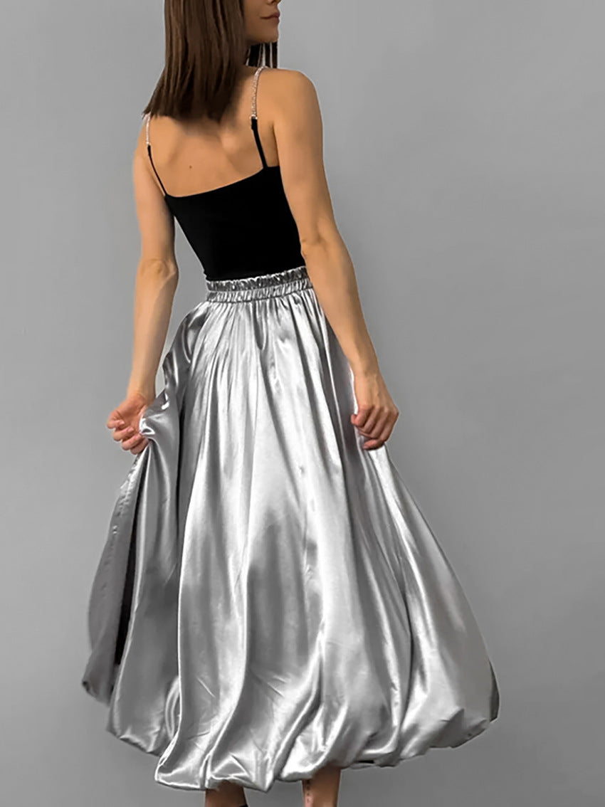 Women Fashion Simple Casual Satin Pleated Skirt
