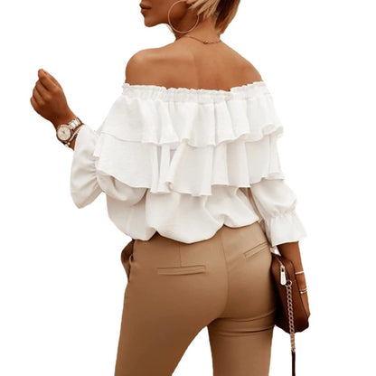 Blusa holgada informal elegante de gasa con hombros descubiertos y volantes para mujer