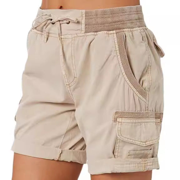 Women Fashion Casual Solid Color Cotton And Linen High Waist Drawstring Shorts