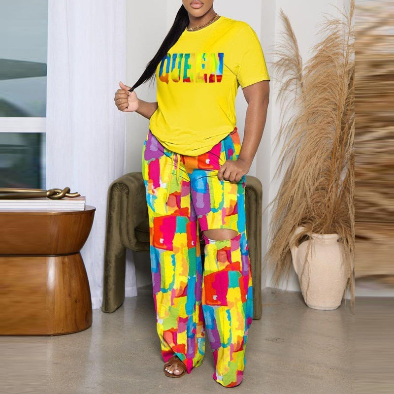 Conjunto de dos piezas para mujer, informal, estampado, cuello redondo, manga corta, cintura definida, pantalones recortados