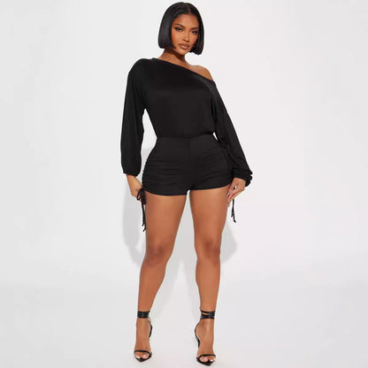 Women Fashion Casual Off-Shoulder Long-Sleeved Pleated Drawstring Tight Rompers