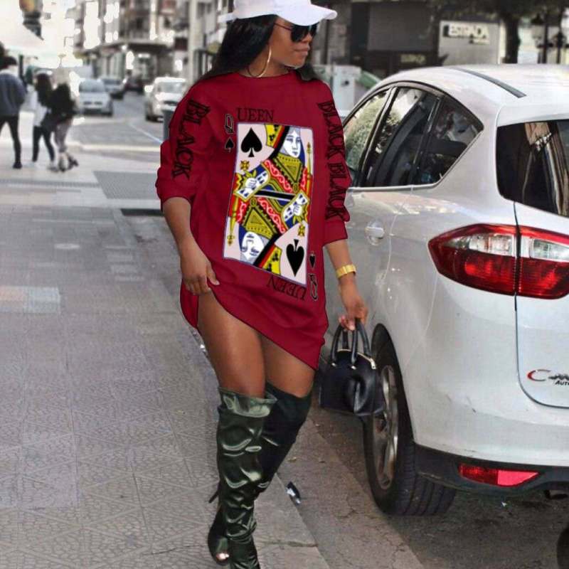 Vestido informal de mujer con estampado de letras y cuello redondo, manga larga