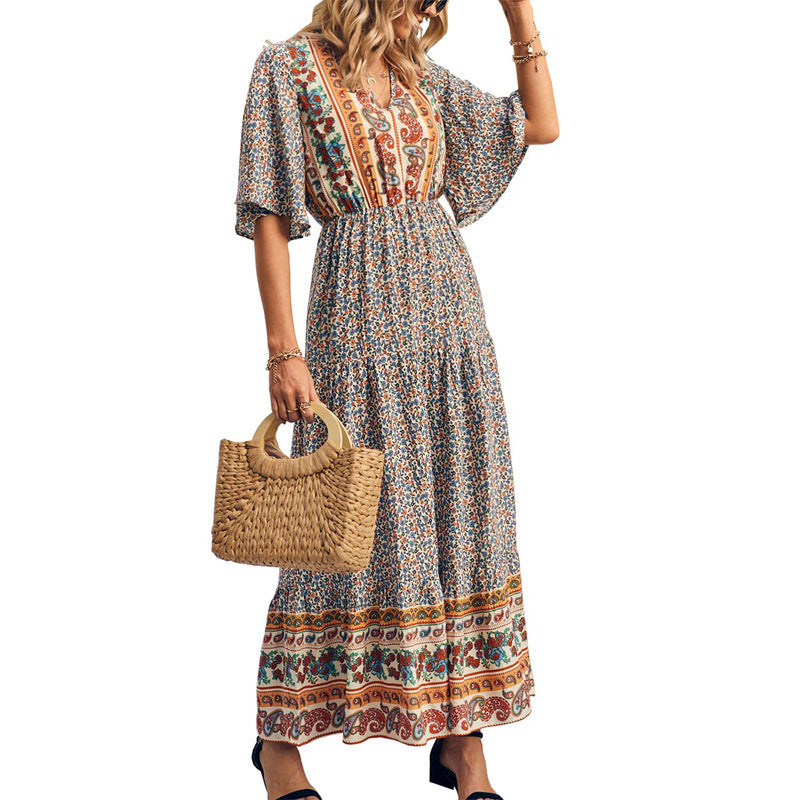 Women Bohemian Casual Floral Printing V-Neck Defined Waist Short Sleeve Dress