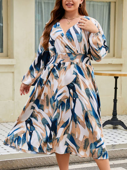 Plus Size Women Casual Printed Long Sleeve Dress