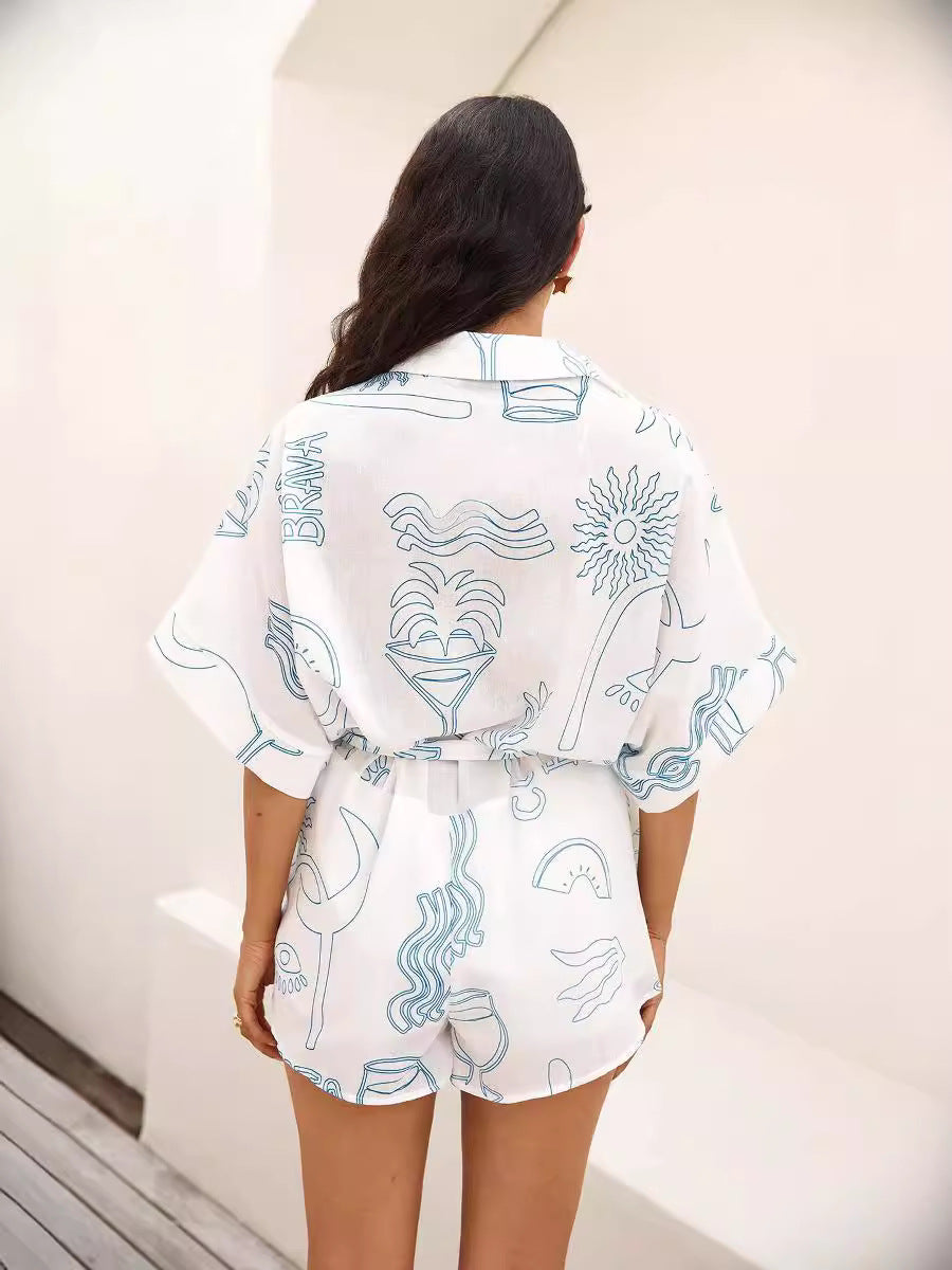 Women Fashion Casual Printed Lapel Mid-Sleeve Lace-Up Rompers