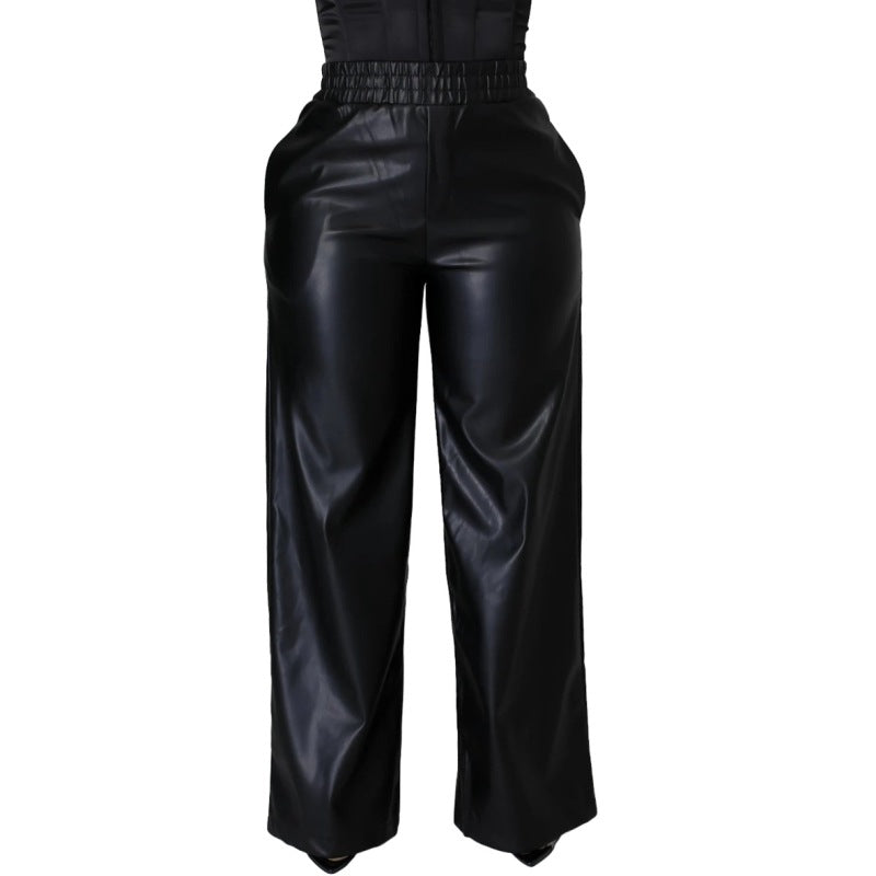 Women PU Leather High Waist Casual Elastic Wide Leg Pants