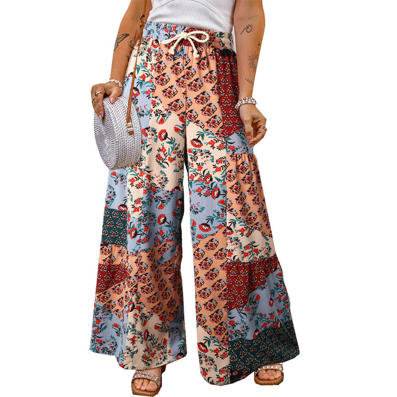 Pantalones casuales de pierna ancha y holgados con estampado de flores pequeñas para mujer