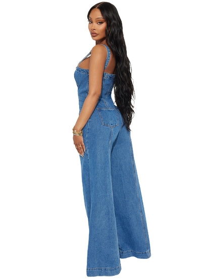 Women Fashion Casual Sexy Strap Denim Jumpsuit Wide Leg Pants
