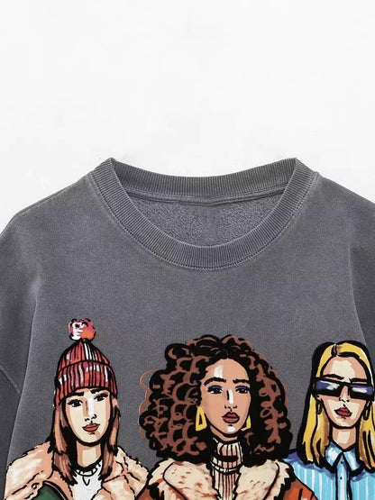 Women Casual Loose Cartoon Girl'S Printed Round Neck Long Sleeve Sweatshirt