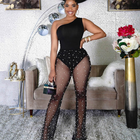 Women Fashion Casual One-Shoulder Mesh See-Through Polka Dot Printing Plus Size Jumpsuit