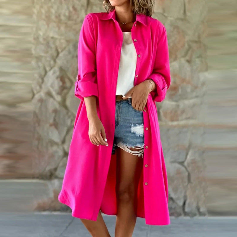 Abrigo tipo camisa con botones largos para mujer, informal, holgado, de color liso, a la moda