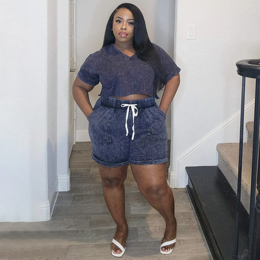 Women Casual Plus Size Printed Short Sleeve Crop Top Drawstring Shorts Two-Piece Set