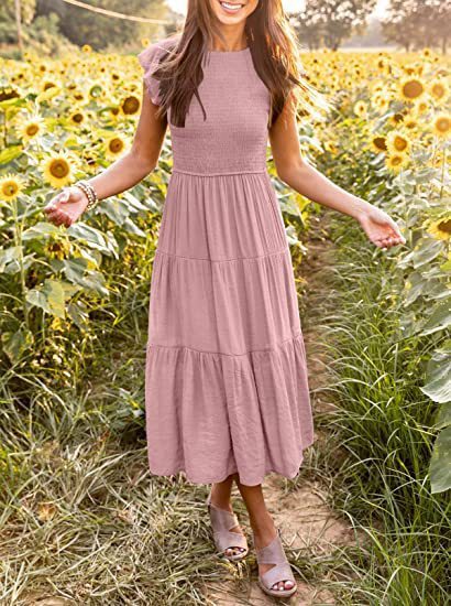 Summer Women Casual Boho Cap Sleeve Mid Length Short Sleeve Dress