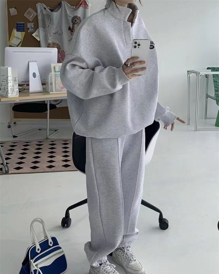 Women Fashion Casual Fleece-Lined Stand Collar Long-Sleeve Top Drawstring Pants Two-Piece Set